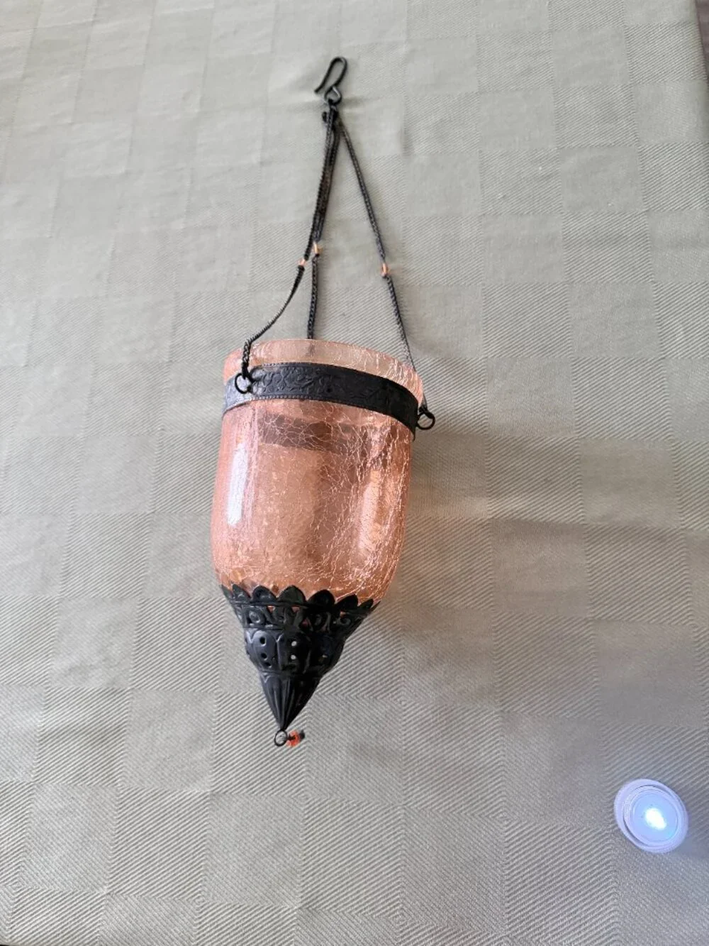 Turkish Moroccan Style Orange Crackle Glass Candle Holder Lantern